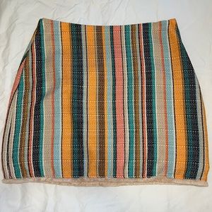 H & M Short Stripe Textured Weave Skirt Fringe Hem Zip Closure Lined